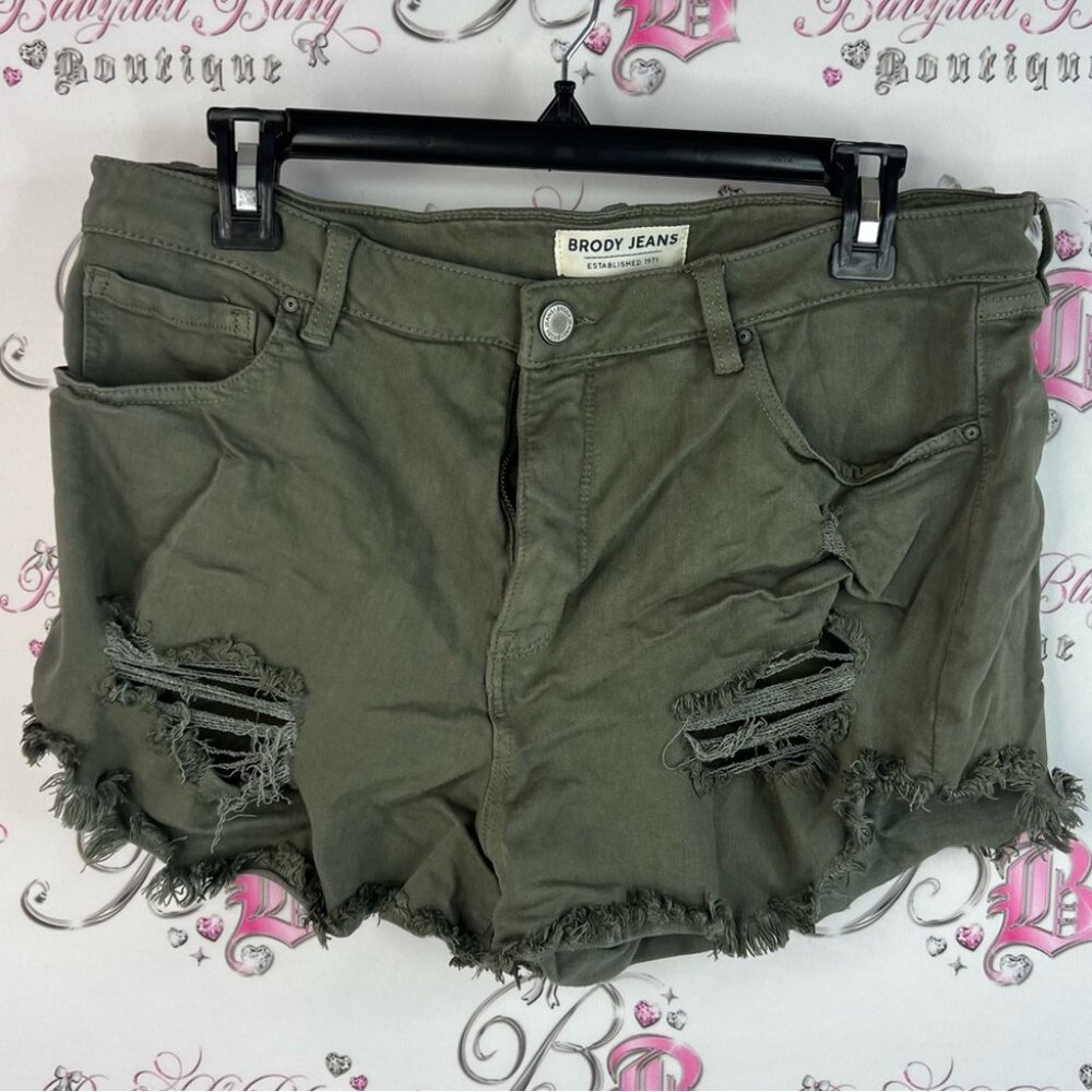 Brody Jeans shorts denim jeans green military cargo Olive Distressed Jean Shorts